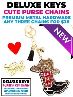 DeLuxe Keys Rhinestone Keychain/Purse Chain-Beige Red Black Cowboy Boot